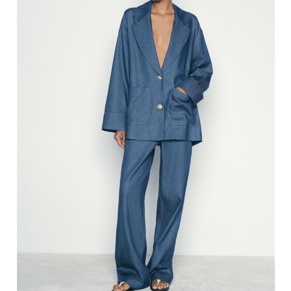 Zara Chic Blue Denim Effect Oversized Blazer - Picture 1 of 5